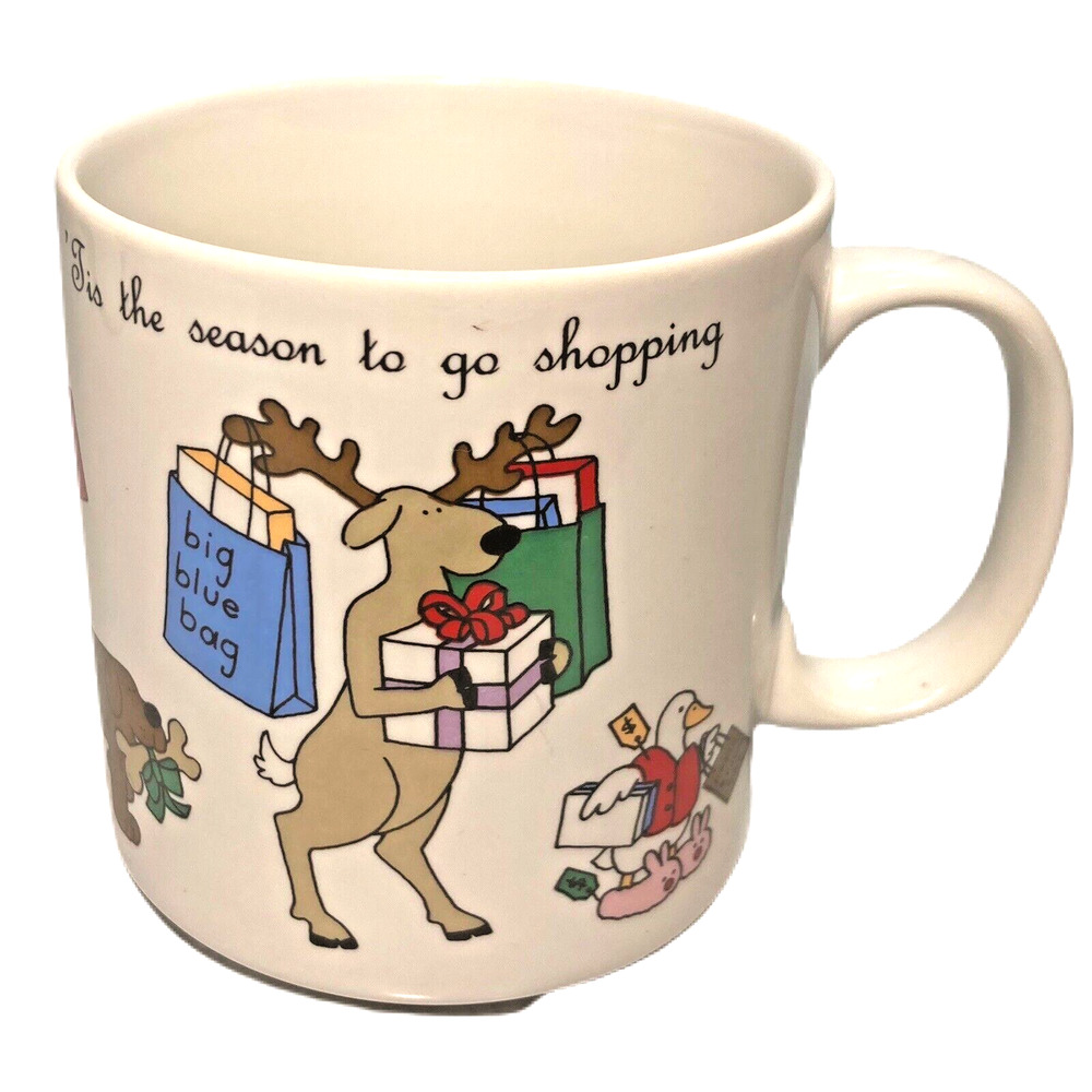 Russ Berrie Vintage 80s Christmas Mug Tis the Season to Go Shopping Kitsch Retro